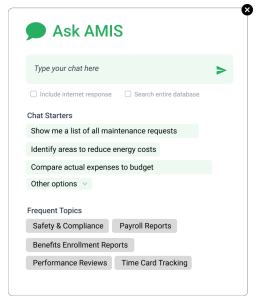 Ask AMIS - AI chat interface with chat starters for maintenance requests, energy costs, and expense comparison
