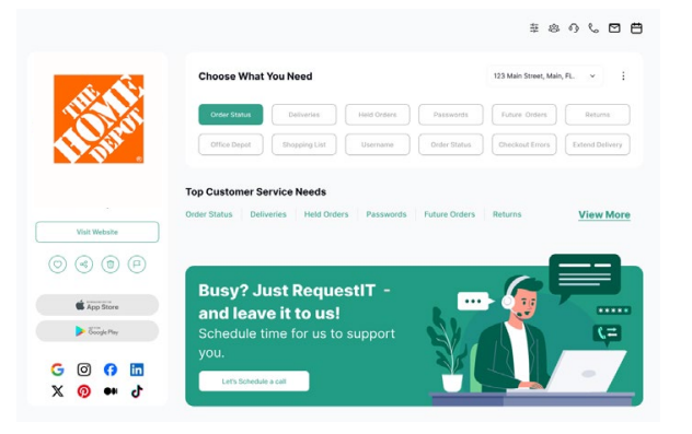 Teleperson customer service interface showing Home Depot service options and RequestIT scheduling feature