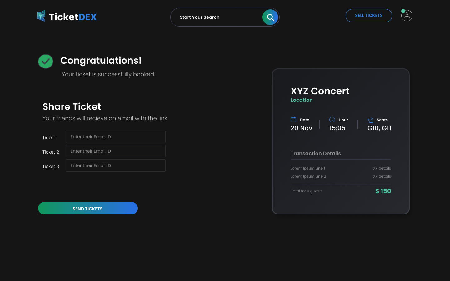 TicketDEX booking success and ticket sharing page