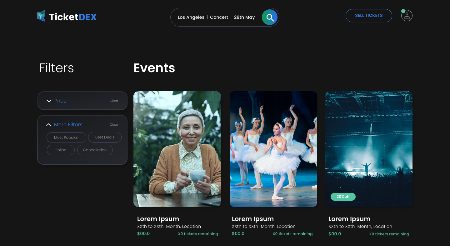 TicketDEX event browsing with filters and event listings