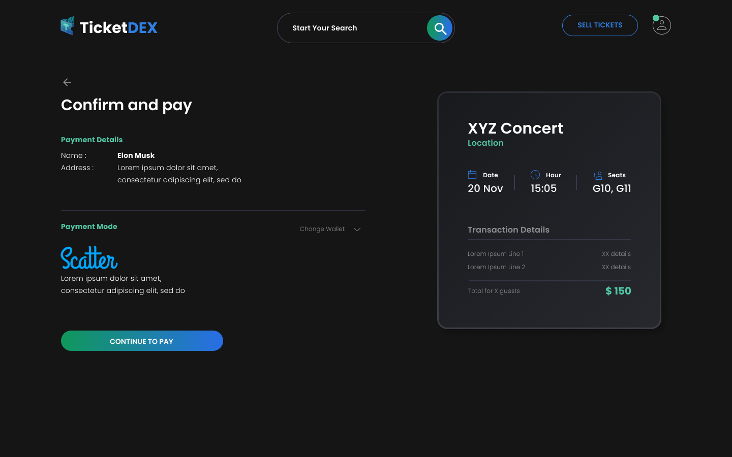 TicketDEX payment confirmation page