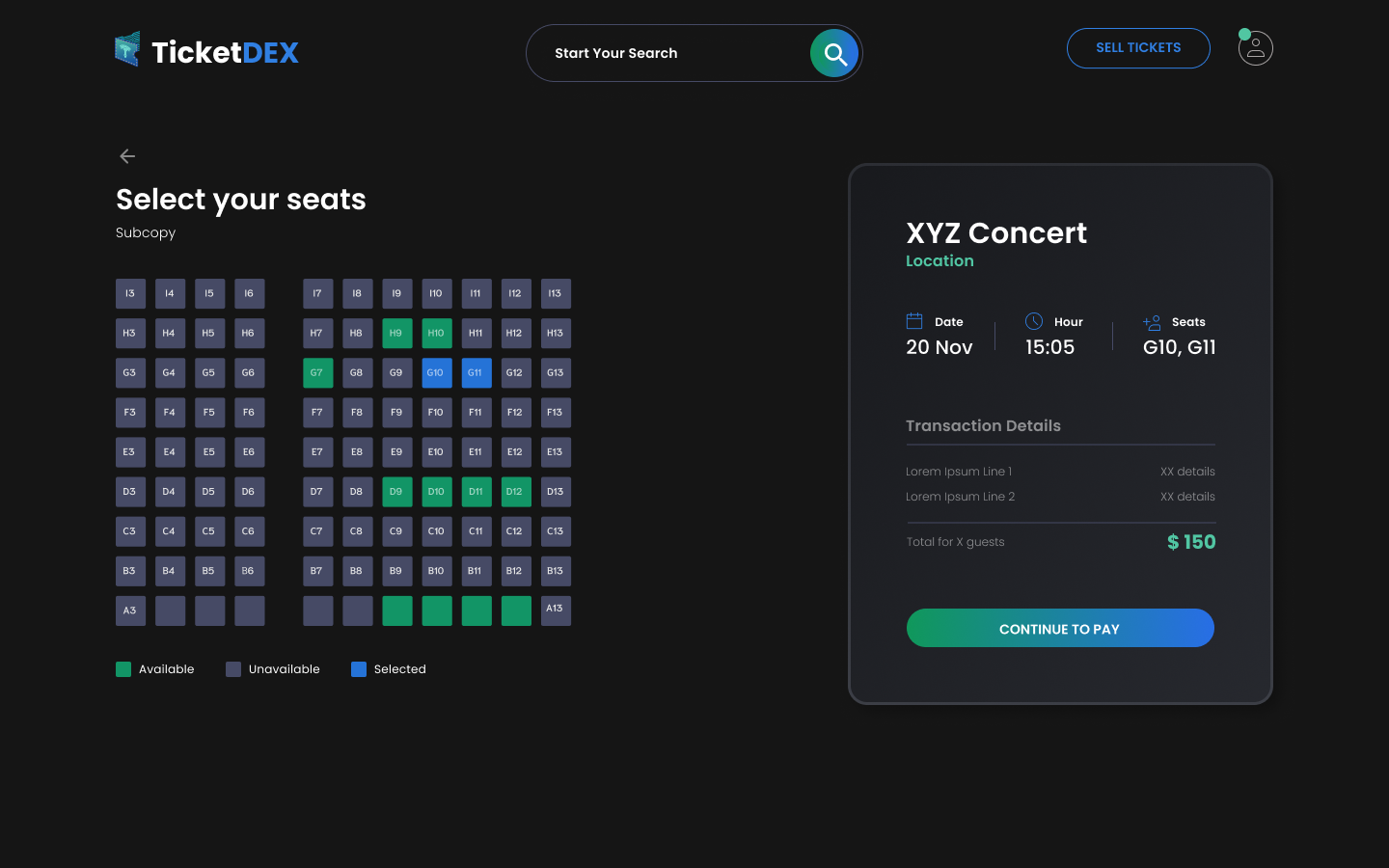 TicketDEX seat selection interface with concert details